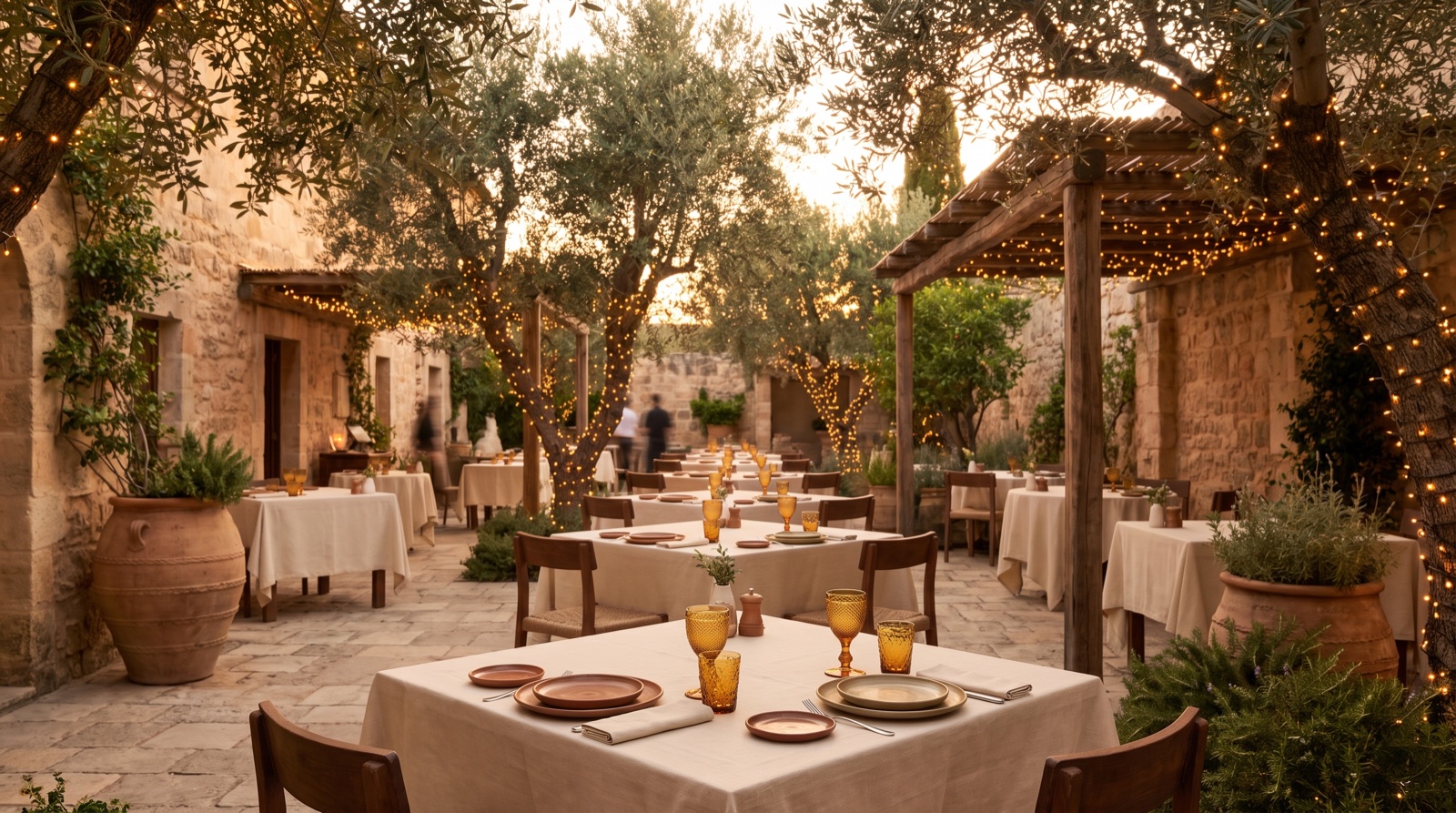 The Saffron Court garden courtyard at dusk